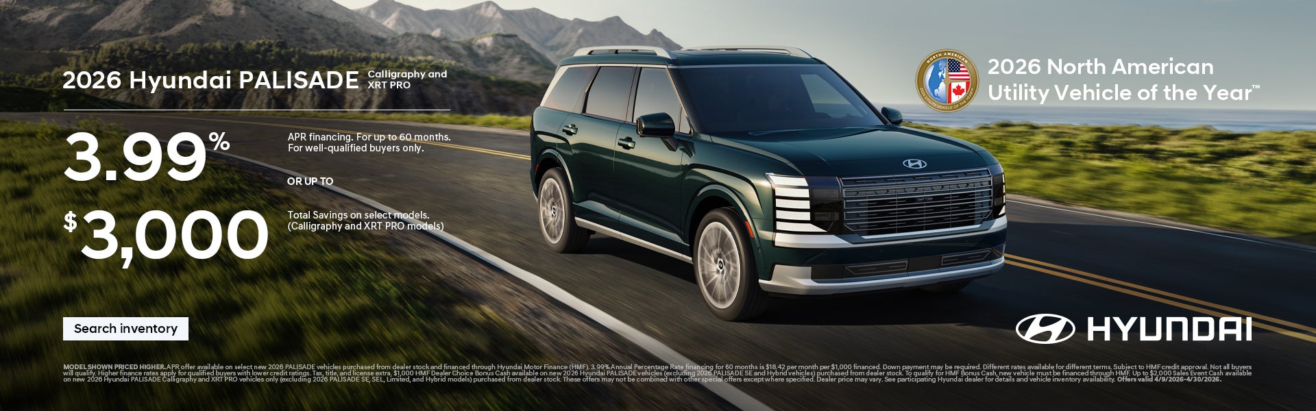 2026 Hyundai Palisade Calligraphy, XRT Pro APR or Bonus Cash Offer